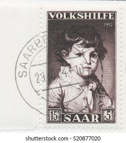 ST. PETERSBURG, RUSSIA - NOV 8, 2016: A Postmark Printed In SAAR, Shows Portrait Of A Count Stroganoff As A Boy By Jean Baptiste Greuze (1725-1805), Circa 1952