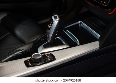 St Petersburg, Russia - November 1, 2021: BMW 3 Series 320d VI F3x Central Console, Shift Knob