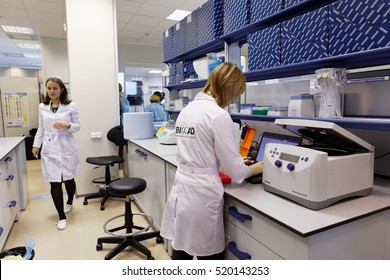 ST. PETERSBURG, RUSSIA - NOVEMBER 16, 2016: Researchers at work in the molecular genetics laboratory of the biotechnology company BIOCAD, the full-cycle drug development and manufacturing companies