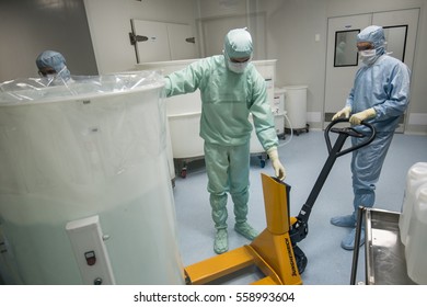 ST. PETERSBURG, RUSSIA - NOVEMBER 16, 2016: Staff Working In Clean Area In The Production Site Of The Biotechnology Company BIOCAD.  Full-cycle Drug Development And Manufacturing Companies