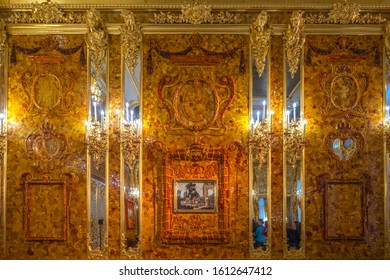 St. Petersburg/ Russia - November 17, 2019: The Amber Room, Catherine Palace, Tsarskoye Selo, Pushkin