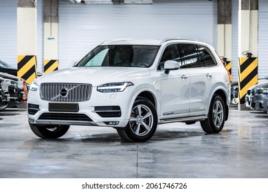 St Petersburg, Russia - October 04, 2021: Volvo XC90 II front view, three quarters view, headlight on