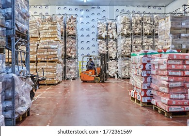 St. Petersburg, Russia - October 10, 2016: Cold Storage, Grocery Warehouse For Storing Perishable Meat Products. Freezing Warehousing. The Driver Controls An Electric Palletizer Or Forklift.