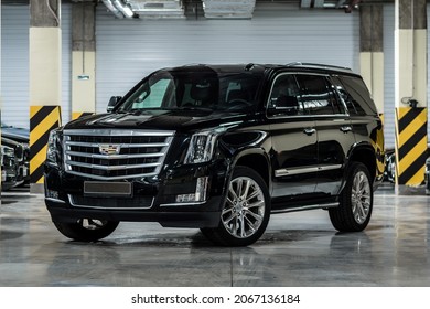 St Petersburg, Russia - October 17, 2021: Cadillac Escalade IV Front View, Three Quarters View, Headlight Off