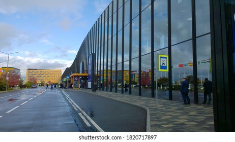 St. Petersburg, Russia - October, 2019: Glass Facade Of Corporate Building. International Exhibition And Convention Center Expoforum. New Conference Centre. Office Park. Empty Road. Cityscape. City.