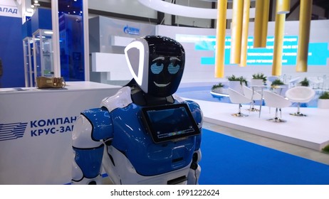St. Petersburg, Russia - October, 2019: Service humanoid robot for business in exhibition. Artificial Intelligence AI and Robotics. Fourth Industrial Revolution. ML. 4IR. Selective focus. 