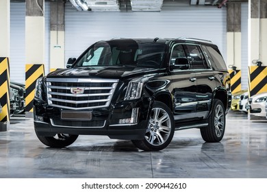 St Petersburg, Russia - October 31, 2021: Cadillac Escalade IV Front View, Three Quarters View, Headlight Off