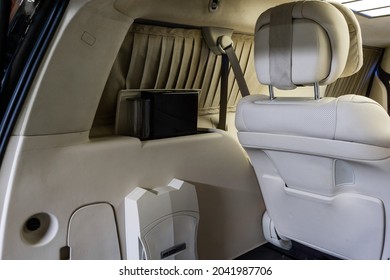 St Petersburg, Russia - September 15, 2021: Cadillac Escalade IV ESV DEPP Limousine Coffee Machine System In The Rear Place