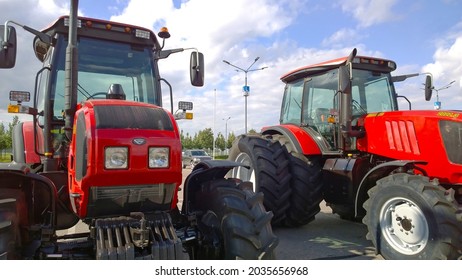 St. Petersburg, Russia - September, 2020: New Modern Tractors In Agricultural Machinery Exhibition. Production And Supply Machines For Farmers Business. Equipment For Crop. Dealership. Farm Trade Show