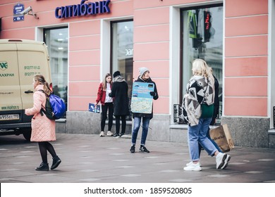 St Petersburg, Russia - September 23, 2019: People on the Streets of Saint Petersburg City in Russia. Nevsky Prospect. Central District