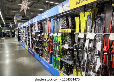 ST. PETERSBURG, RUSSIA-CIRCA DEC, 2018: Mountain Ski And Snowboard Equipments, Winter Sport Goods Are On Sale In Decathlon Russian Store. Decathlon Is A French Sporting Goods Retailer