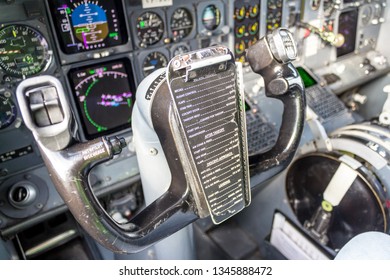 St Petersburg/Russia - 08 16 2018: Steering Wheel Of Boeing 737 Nordavia