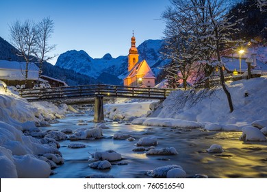 St. Sebastian Parish Church at night in winter at Berchtesgadener Land, Bavaria, Germany