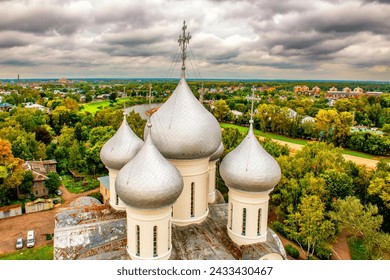 St. Sophia Cathedral The oldest surviving stone structure in Vologda. Five silver domes are topped with Orthodox crosses. In the background is a panorama of the city.