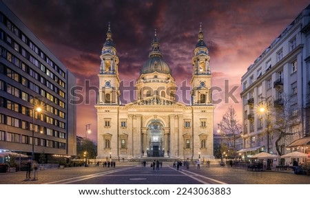 St. Stephen's Basilica in Budapest, Hungary at night. Roman catholic cathedral in honor of Stephen, the first King of Hungary