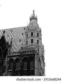 St. Stephen's Cathedral In Vienna. The Old Building In The Gothic Style Is A Masterpiece Of Austrian Culture And The Main Attraction Of The Capital. Black And White Image.