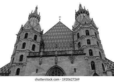 St. Stephen's Cathedral In Vienna. The Old Building In The Gothic Style Is A Masterpiece Of Austrian Culture And The Main Attraction Of The Capital. Monochrome Image.