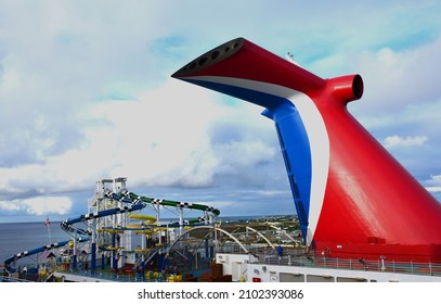 St. Thomas, US Virgin Islands - January, 2022:  The Upper Deck Of A Carnival Cruise Ship Filled With Water Slides And Activities.