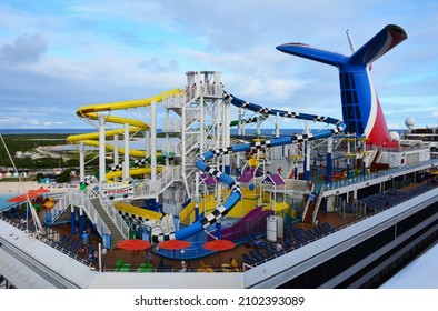 St. Thomas, US Virgin Islands - January, 2022:  The Upper Deck Of A Carnival Cruise Ship Filled With Water Slides And Activities.