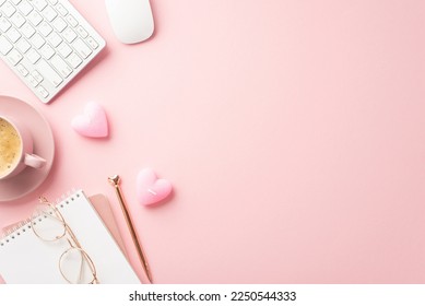 St Valentine's Day concept. Top view photo of notepad pen keyboard computer mouse glasses heart shaped candles and cup of coffee on saucer on isolated pastel pink background with copyspace - Shutterstock ID 2250544333