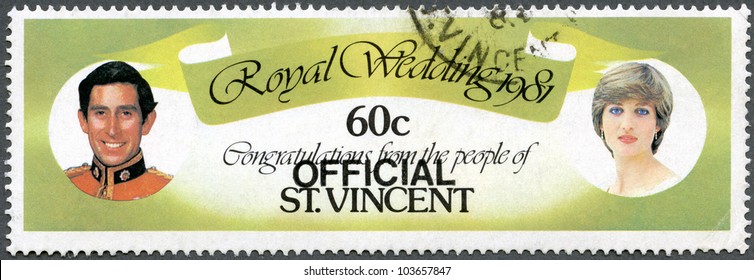 ST. VINCENT - CIRCA 1981: A Stamp Printed In St. Vincent Shows Prince Charles And Lady Diana, Royal Wedding, Circa 1981