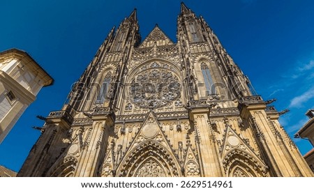 St. Vitus Cathedral front view timelapse hyperlapse in Prague. Located within Prague Castle and containing the tombs of many Bohemian kings and Holy Roman Emperors.