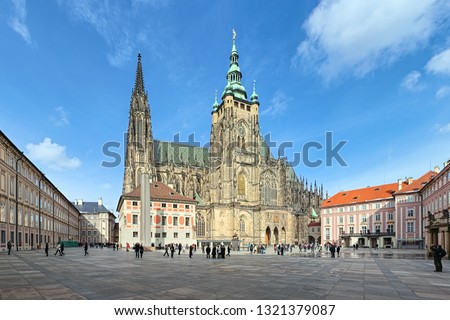 St. Vitus Cathedral in Prague, Czech Republic. Panoramic view from the courtyard to the south facade.