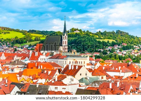 St Vitus church in the middle of historical city centre. Cesky Krumlov, Southern Bohemia, Czech Republic.