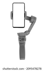 Stabilizer for a smartphone on a white background. Gimbal and smartphone with white screen isolated on white background.