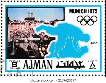 Stachus, Judo - Ajman, Circa 1971: Summer Olympics 1972 Postage Stamp, Munich.