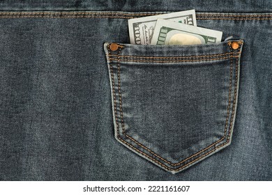 Stack Of 100 Dollar Bills In Jeans Pocket. Money In The Back Pocket Of My Jeans. The Concept Of Investment, Cash, Wealth And Profit