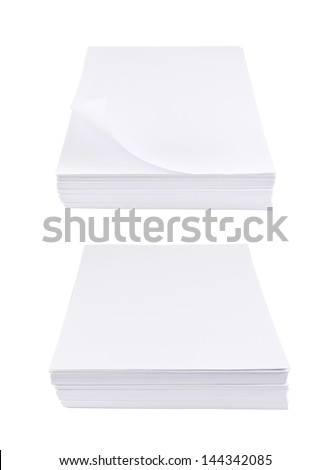 Stack of a4 size white paper sheet isolated over white background, set of two foreshortenings