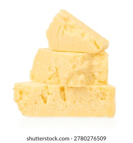 Stack of aged parmesan cheese pieces isolated on white background. Gourmet dairy product close up for culinary and food design.