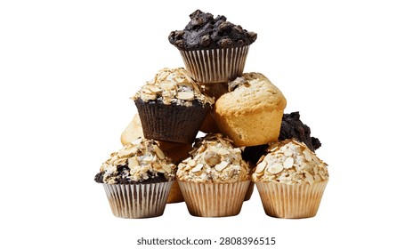 Stack of assorted chocolate and vanilla muffins topped with sliced almonds