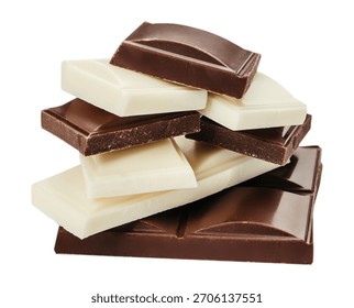 Stack of assorted dark and white chocolate pieces isolated on a clean white background, captured in crisp studio lighting for premium confectionery advertising, dessert branding, packaging design