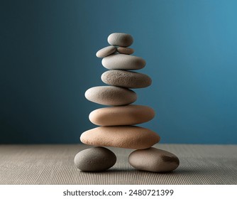 Stack of Balanced Pebbles on a Light Blue Colored Background, zen pebbles, relax, massage, meditation, studio photography - Powered by Shutterstock