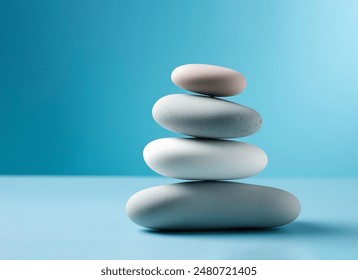 Stack of Balanced Pebbles on a Light Blue Colored Background, zen pebbles, relax, massage, meditation, studio photography - Powered by Shutterstock