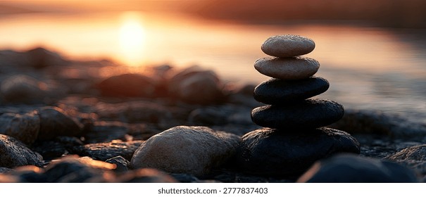 A stack of balanced stones on a pebble beach with a warm sunset in the background, symbolizing peace and tranquility.