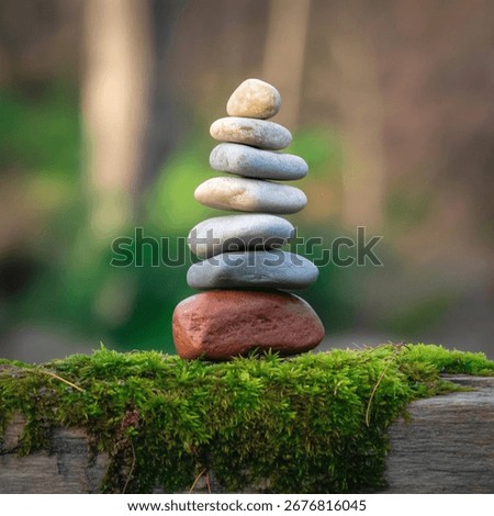 A stack of balanced stones sits on a mossy log, creating a zen-like and peaceful scene.