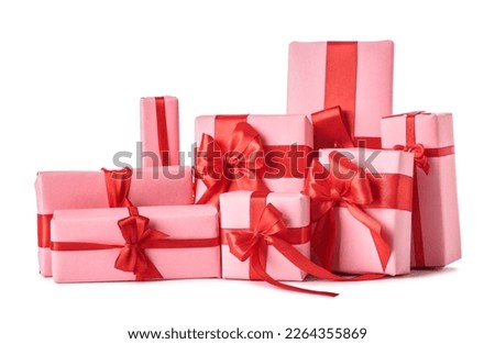 Stack of beautiful gifts on white background. Valentine's Day celebration