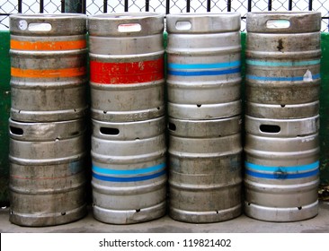 Stack Of Beer Kegs One On Top Of Another