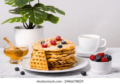 Stack of Belgian waffles, berries, honey and cup of tea: delicious summer breakfast on marble table. Homemade waffle and mix of raspberries and blueberries as topping - Powered by Shutterstock