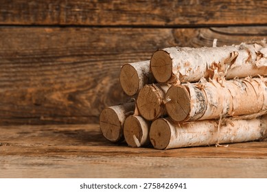 Stack of birch logs tied with rope on wooden background