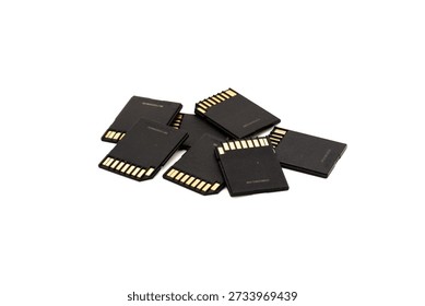 Stack of black SD memory cards on white background