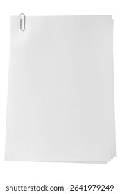 Stack of blank sheets of paper secured with a paperclip. Ideal for business or educational concepts. Isolated