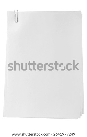 Stack of blank sheets of paper secured with a paperclip. Ideal for business or educational concepts. Isolated