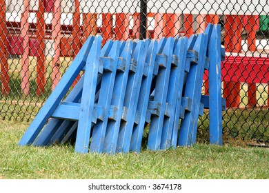 Stack of blue barricades for traffic control