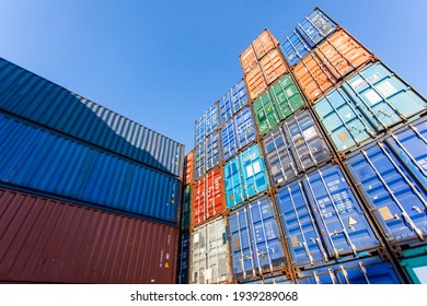 Stack Of Blue Containers Box. Cargo Freight Shipping Of Container Logistics Industry Concept.