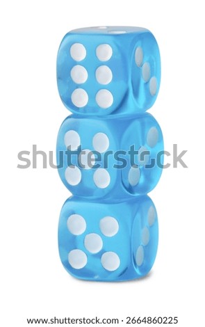 Stack of blue game dices on white background