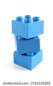 Stack of blue plastic building blocks on white background